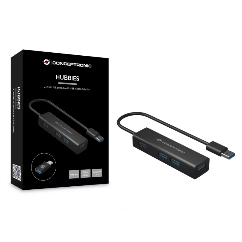Hub USB 3.0 in alluminio Conceptronic 4 porte con adattatore USB-C a USB-A