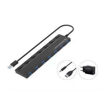 Hub Conceptronic HUBBIES19BP 7 porte USB 3.0 con alimentatore, cavo 90 cm, interruttore singolo, USB 3.2 Gen 1
