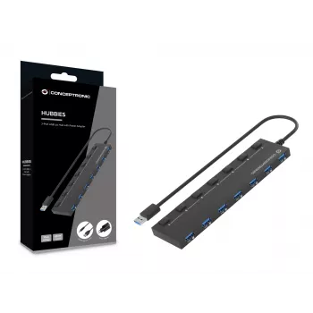 Hub Conceptronic HUBBIES19BP 7 porte USB 3.0 con alimentatore, cavo 90 cm, interruttore singolo, USB 3.2 Gen 1