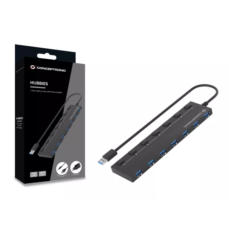 Hub Conceptronic HUBBIES19BP 7 porte USB 3.0 con alimentatore, cavo 90 cm, interruttore singolo, USB 3.2 Gen 1