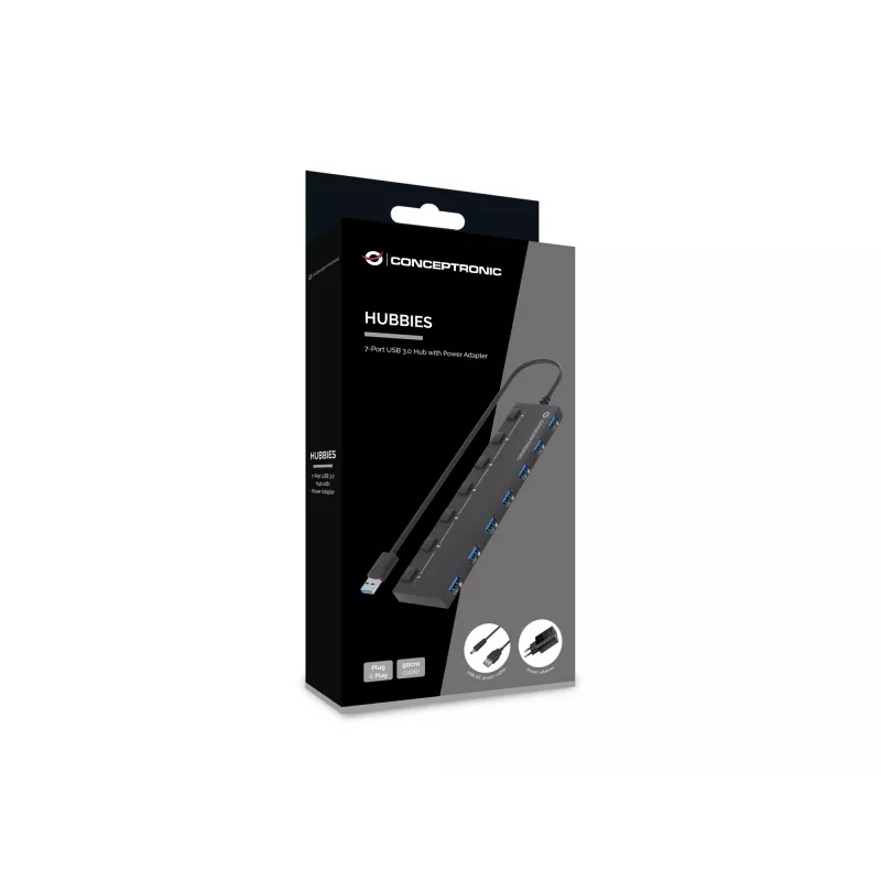 Hub Conceptronic HUBBIES19BP 7 porte USB 3.0 con alimentatore, cavo 90 cm, interruttore singolo, USB 3.2 Gen 1