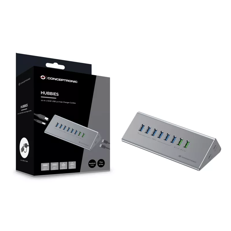 Combinazione hub-caricabatterie Conceptronic HUBBIES18G 10-in-1 60W USB 3.0, cavo 2-in-1 USB-C-USB-A, USB 3.2 Gen 1