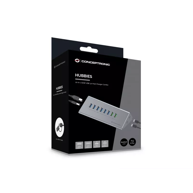 Combinazione hub-caricabatterie Conceptronic HUBBIES18G 10-in-1 60W USB 3.0, cavo 2-in-1 USB-C-USB-A, USB 3.2 Gen 1