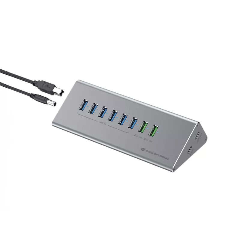 Combinazione hub-caricabatterie Conceptronic HUBBIES18G 10-in-1 60W USB 3.0, cavo 2-in-1 USB-C-USB-A, USB 3.2 Gen 1
