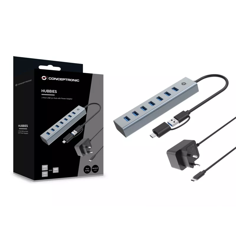 Hub Conceptronic HUBBIES21GP 7 porte USB 3.0 con alimentatore, 5 Gbit/s, USB-A x 7