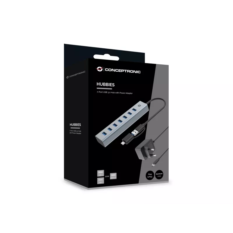 Hub Conceptronic HUBBIES21GP 7 porte USB 3.0 con alimentatore, 5 Gbit/s, USB-A x 7