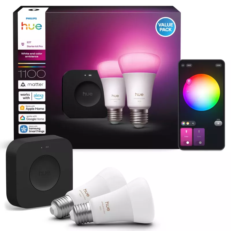 Philips Hue White and Colour Ambiance starter kit, Hue Bridge Pro + 2 lampadine LED E27 A60, Bluetooth/Zigbee, 1100 lm