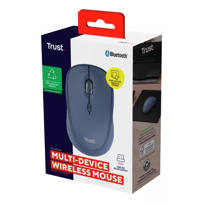 Mouse Trust Yvi+ universale ambidestro RF wireless + Bluetooth ottico 1600 DPI