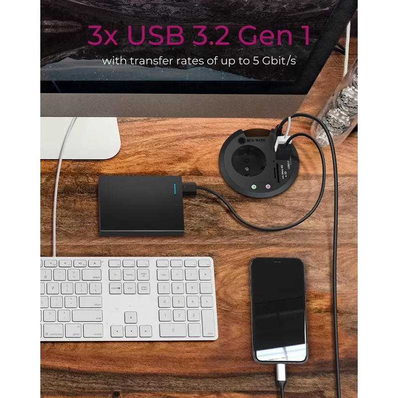 ICY BOX IB-HUB1430-CR hub multiporta USB 3.2 Gen 1 da incasso nella scrivania, nero