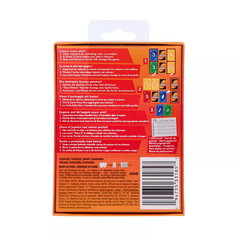 Gioco di carte MATTEL UNO Zero — gioco da tavolo, età 7+, incl. mazzo e blocco segnapunti