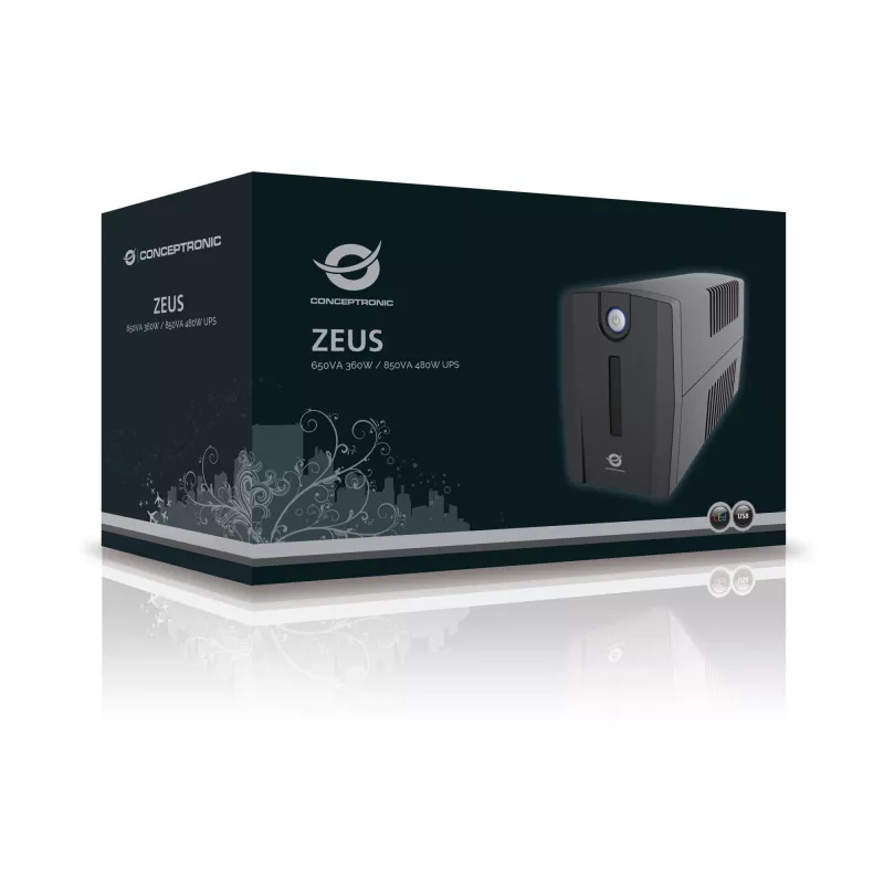 Conceptronic ZEUS01ES UPS, 650 VA (0,65 kVA), 360 W, 2x Schuko, HID USB, RJ45 ingresso/uscita, 220-240 V, nero