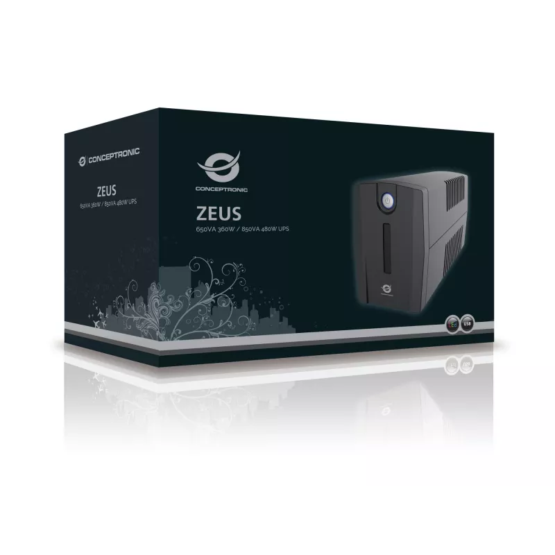 Conceptronic ZEUS02ES UPS interattivo, 850 VA (0,85 kVA), 480 W, 2x Schuko, HID USB, RJ45 ingresso/uscita, 220-240 V, nero