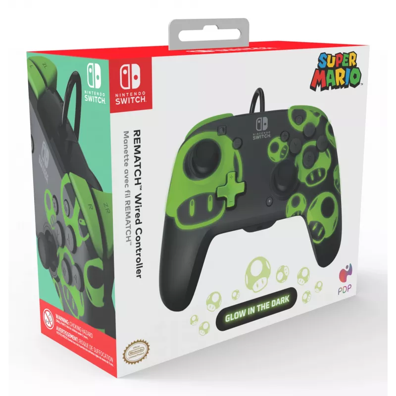 Gamepad PDP REMATCH controller con filo 1-Up Glow in the Dark per Nintendo Switch, USB, cavo 3 m, D-pad, tasto Home, nero/verde