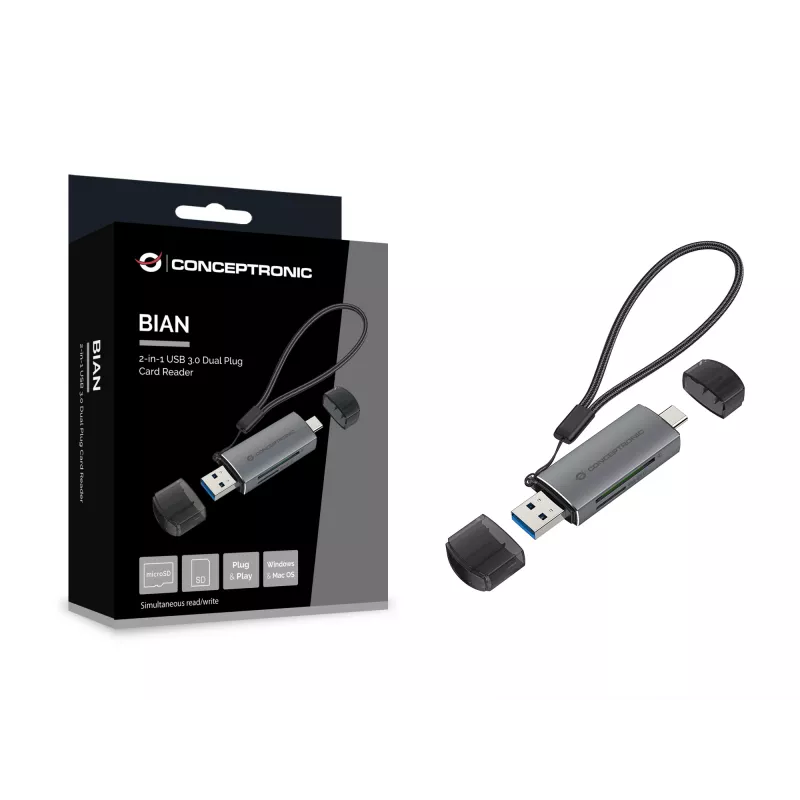 Lettore di schede Conceptronic BIAN05G 2-in-1 USB 3.0 dual plug, SD/MicroSD 3.0, UHS-I