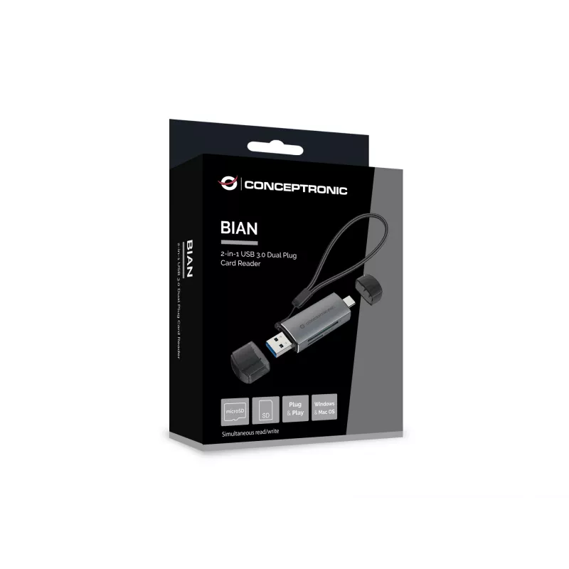 Lettore di schede Conceptronic BIAN05G 2-in-1 USB 3.0 dual plug, SD/MicroSD 3.0, UHS-I