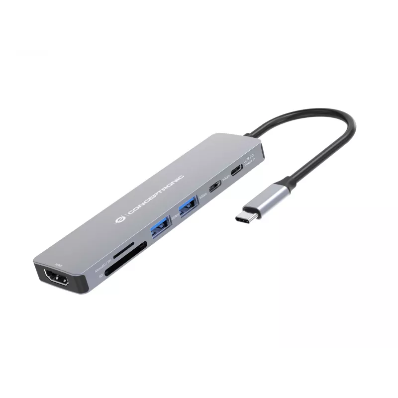 Conceptronic DONN28G docking station USB 3.2 Gen 1 7-in-1, 4K60Hz HDMI, USB-A 5Gbps x 2, USB-C 5Gbps, SD, TF/MicroSD, 100W USB PD