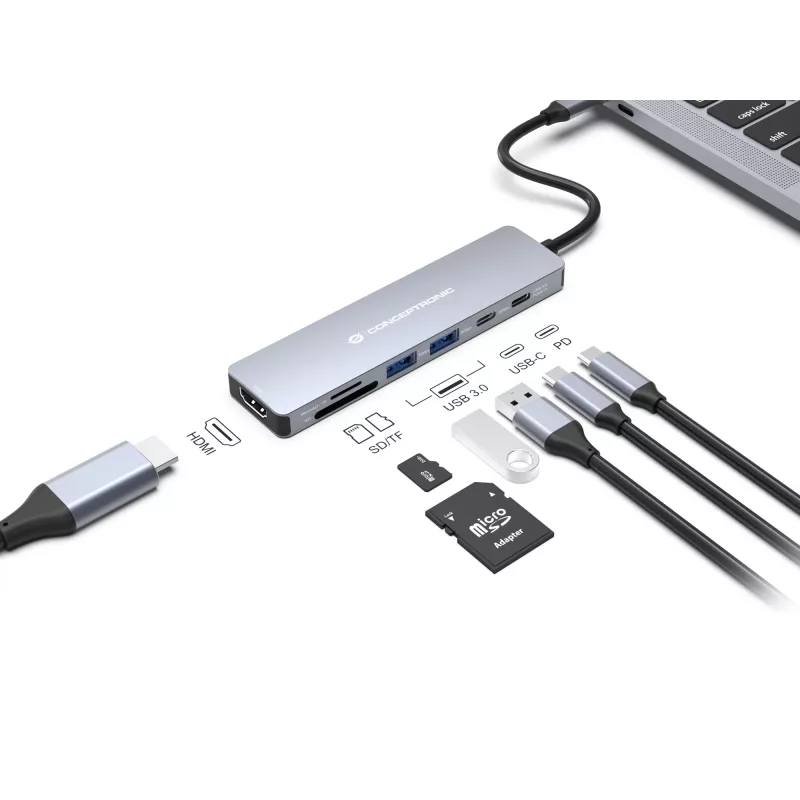 Conceptronic DONN28G docking station USB 3.2 Gen 1 7-in-1, 4K60Hz HDMI, USB-A 5Gbps x 2, USB-C 5Gbps, SD, TF/MicroSD, 100W USB PD