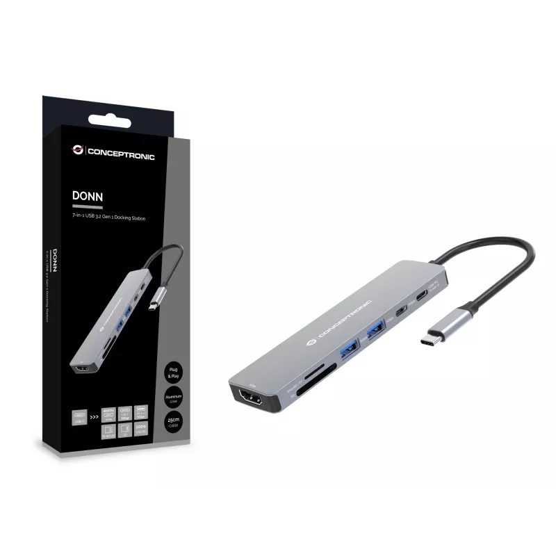Conceptronic DONN28G docking station USB 3.2 Gen 1 7-in-1, 4K60Hz HDMI, USB-A 5Gbps x 2, USB-C 5Gbps, SD, TF/MicroSD, 100W USB PD