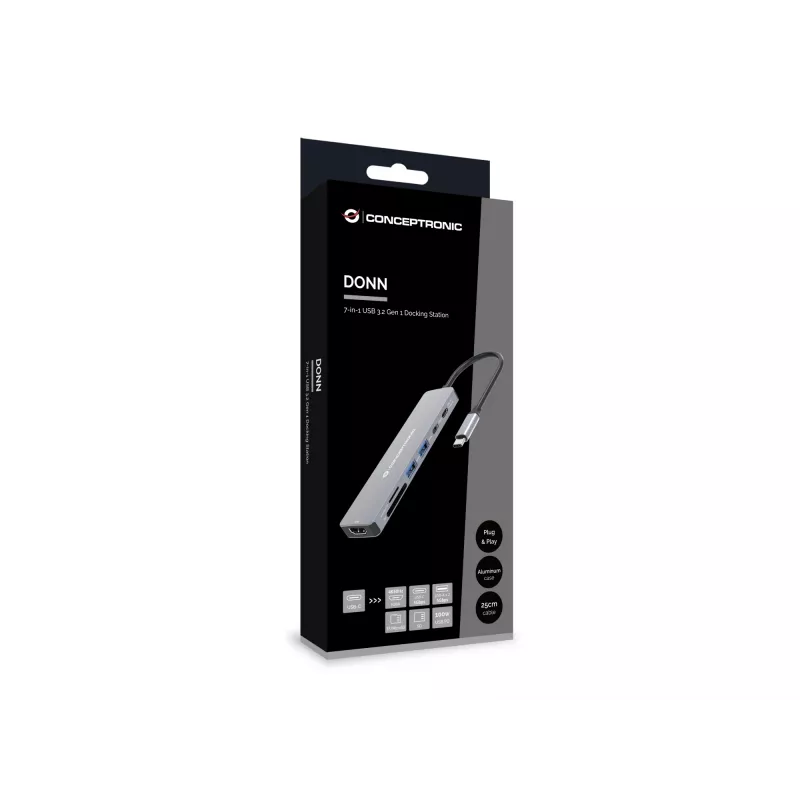 Conceptronic DONN28G docking station USB 3.2 Gen 1 7-in-1, 4K60Hz HDMI, USB-A 5Gbps x 2, USB-C 5Gbps, SD, TF/MicroSD, 100W USB PD