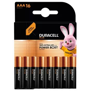 Batteria alcalina monouso Duracell Plus AAA — 48 x 11 x 10 mm, peso confezione 160 g
