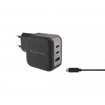 Conceptronic caricabatterie 3 porte 67W GaN USB PD con cavo USB-C, USB-C x 2, USB-A x 1, QC 3.0, PPS