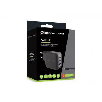 Conceptronic caricabatterie 3 porte 67W GaN USB PD con cavo USB-C, USB-C x 2, USB-A x 1, QC 3.0, PPS