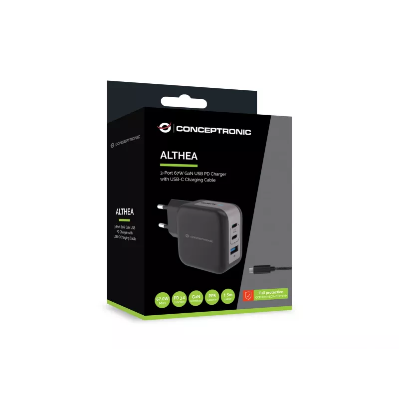 Conceptronic caricabatterie 3 porte 67W GaN USB PD con cavo USB-C, USB-C x 2, USB-A x 1, QC 3.0, PPS
