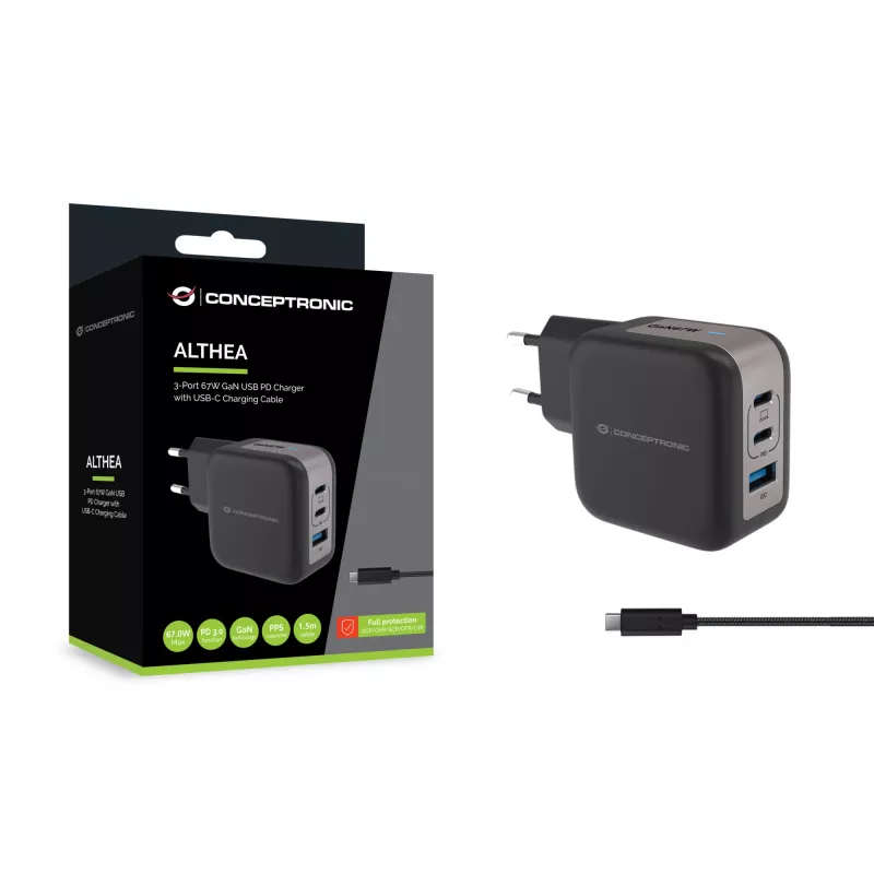 Conceptronic caricabatterie 3 porte 67W GaN USB PD con cavo USB-C, USB-C x 2, USB-A x 1, QC 3.0, PPS