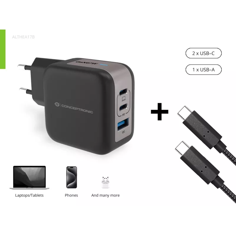 Conceptronic caricabatterie 3 porte 67W GaN USB PD con cavo USB-C, USB-C x 2, USB-A x 1, QC 3.0, PPS
