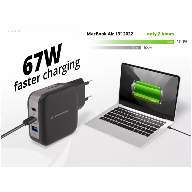 Conceptronic caricabatterie 3 porte 67W GaN USB PD con cavo USB-C, USB-C x 2, USB-A x 1, QC 3.0, PPS