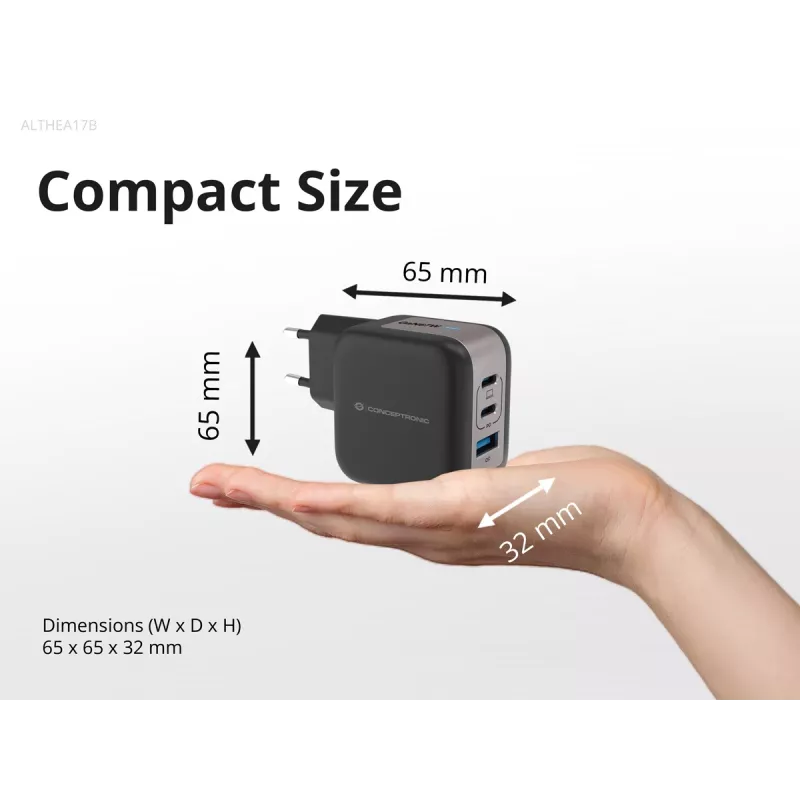 Conceptronic caricabatterie 3 porte 67W GaN USB PD con cavo USB-C, USB-C x 2, USB-A x 1, QC 3.0, PPS