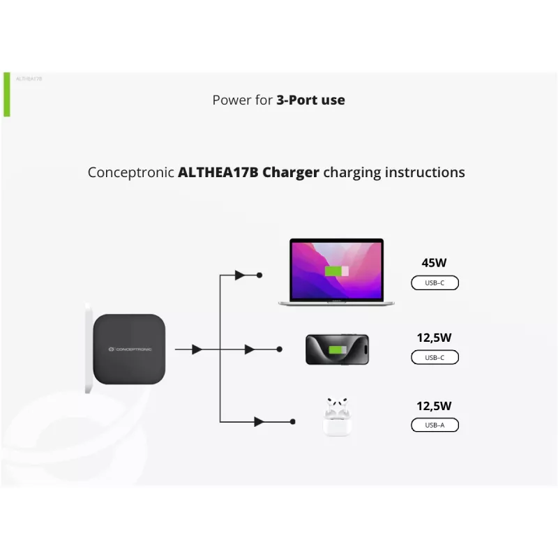 Conceptronic caricabatterie 3 porte 67W GaN USB PD con cavo USB-C, USB-C x 2, USB-A x 1, QC 3.0, PPS