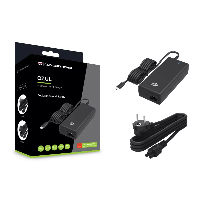 Caricabatterie desktop USB-PD GaN Conceptronic OZUL03BE 100W, universale, da interno, 100–240 V, 50–60 Hz, 100 W, 5–20 V