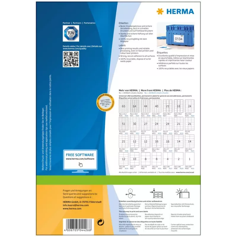 Etichetta adesiva per stampante HERMA Labels Premium A4 210x297 mm