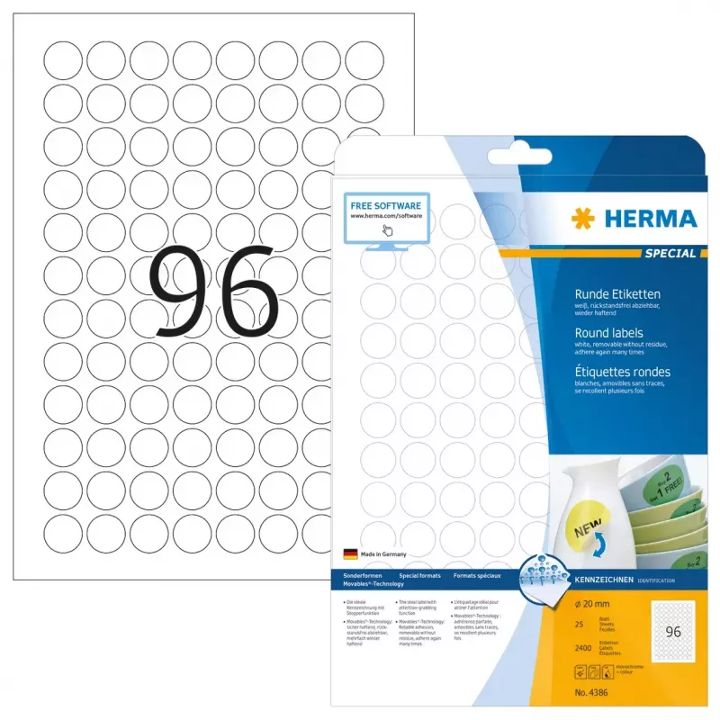 Etichette adesive HERMA Movables A4 Ø 20 mm rotonde bianco