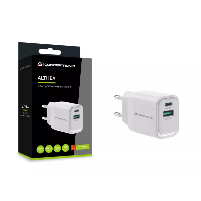 Conceptronic ALTHEA19W33 caricabatterie GaN USB PD 2 porte 33W, USB-C x 1, USB-A x 1, QC 3.0, PPS, PD 3.0
