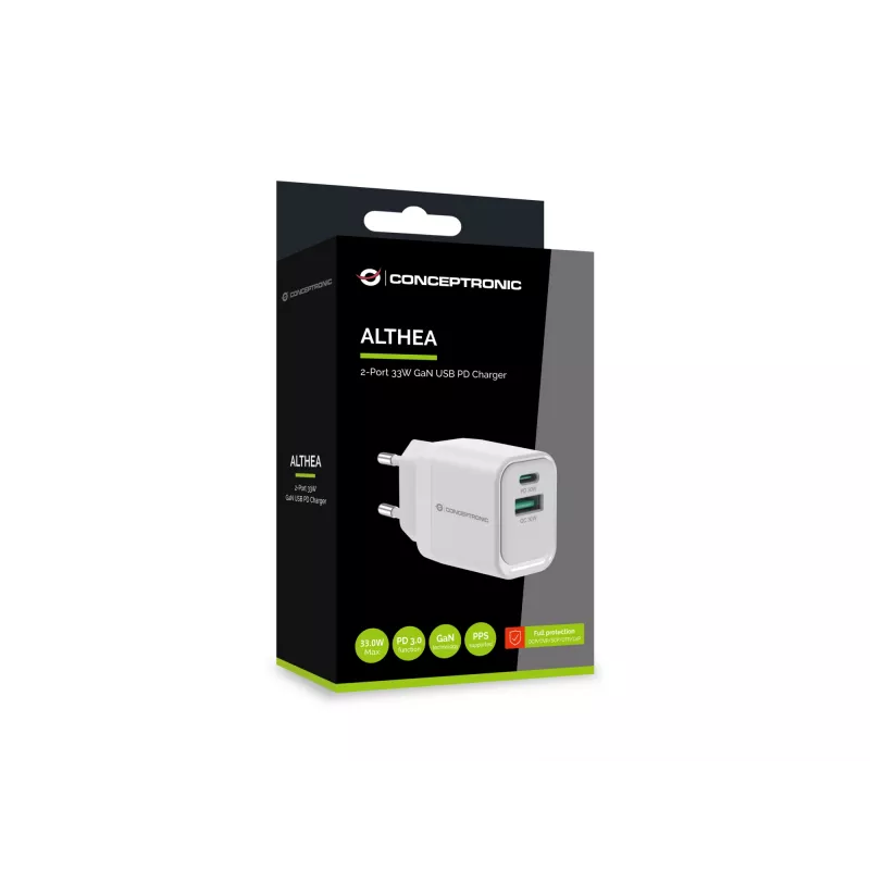 Conceptronic ALTHEA19W33 caricabatterie GaN USB PD 2 porte 33W, USB-C x 1, USB-A x 1, QC 3.0, PPS, PD 3.0