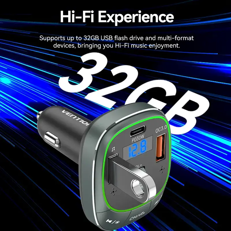 Caricabatterie da auto Vention 3 porte USB (USB-C + 2× USB-A) 30W/18W/5W nero