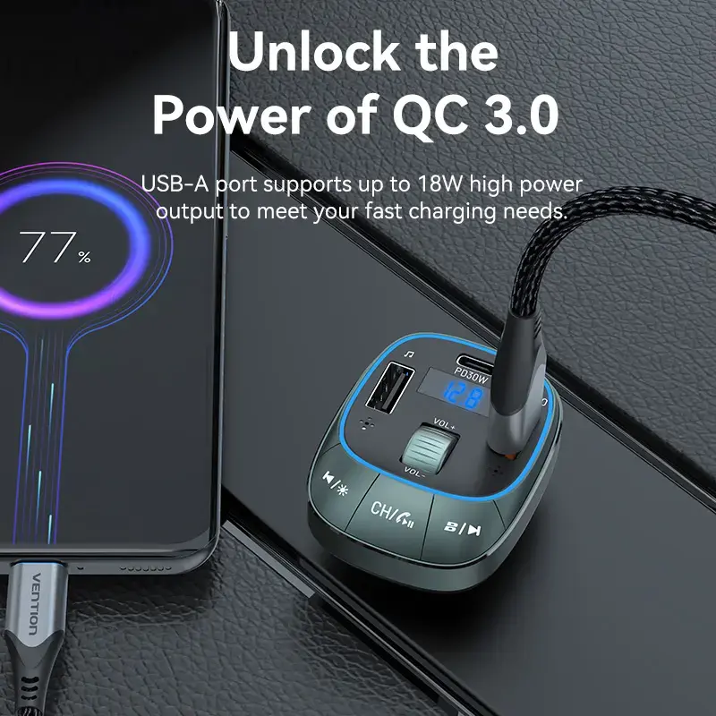 Caricabatterie da auto Vention 3 porte USB (USB-C + 2× USB-A) 30W/18W/5W nero