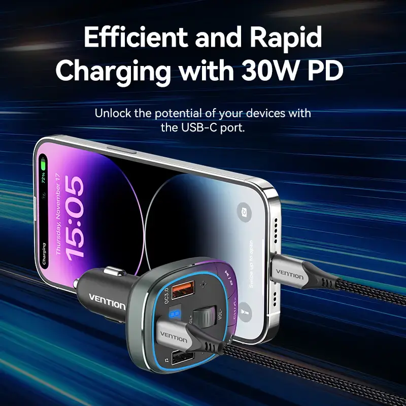 Caricabatterie da auto Vention 3 porte USB (USB-C + 2× USB-A) 30W/18W/5W nero