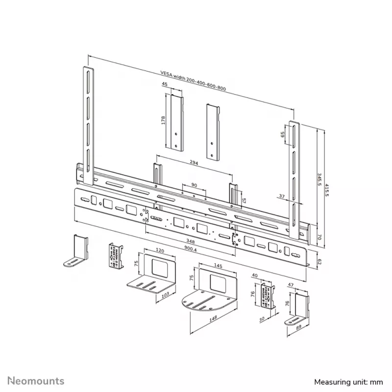 Supporto per videobar Neomounts AV30-500BL per display 43–110 pollici — VESA fino a 600×400, max. 10 kg, larghezza 900 mm