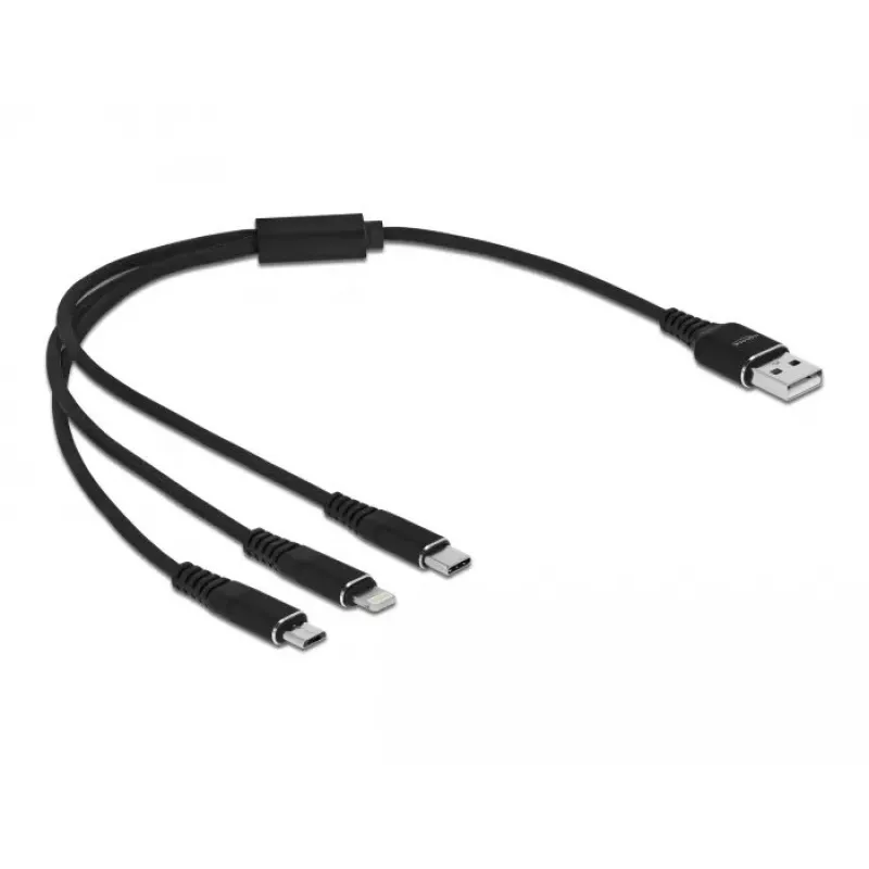 Cavo di ricarica USB DeLOCK 3-in-1 Type-A su Lightning, Micro-USB, USB Type-C 30 cm nero