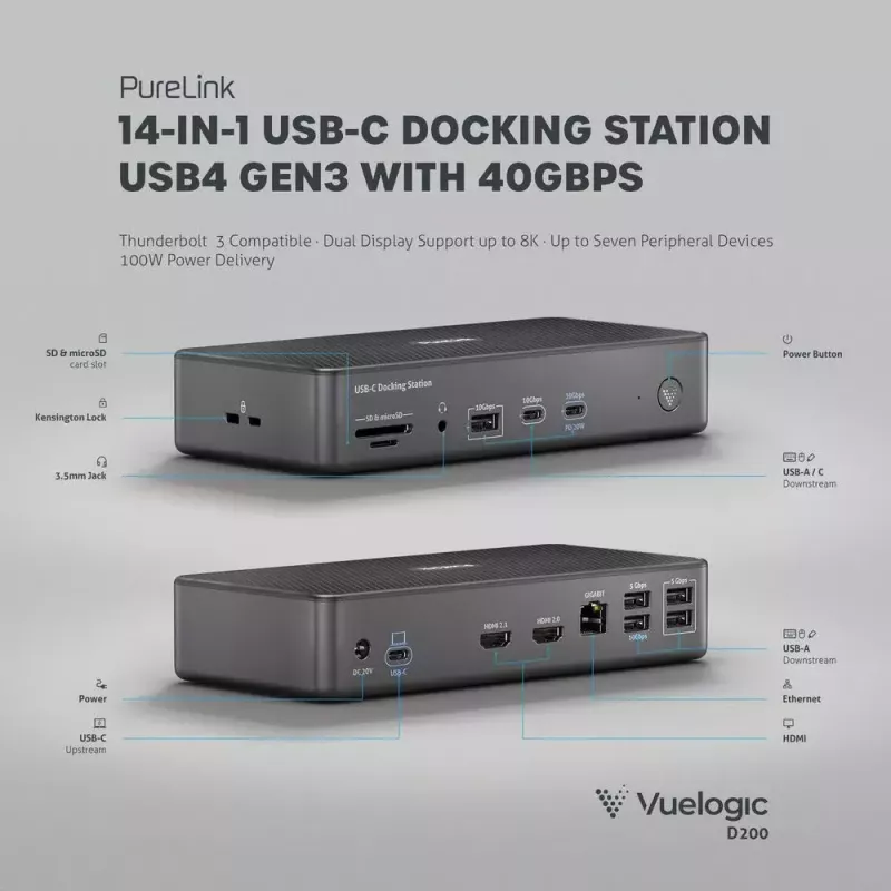 Dock per laptop PureLink VL-D200 con filo grigio USB Power Delivery HDMI 2.0