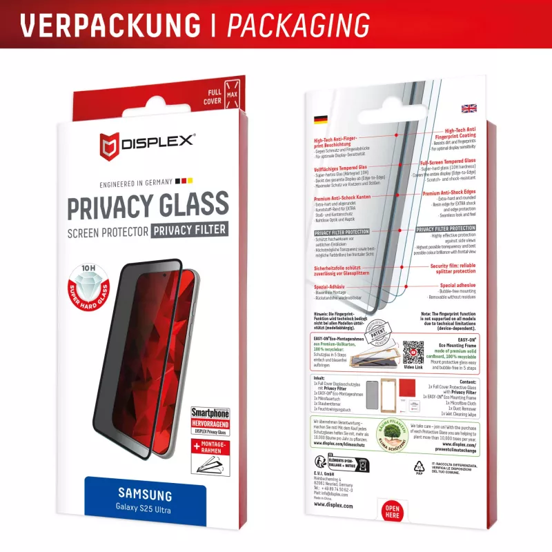 Displex Privacy Screen Protector (10H) per Samsung Galaxy S25 Ultra, cornice di montaggio Eco, filtro privacy