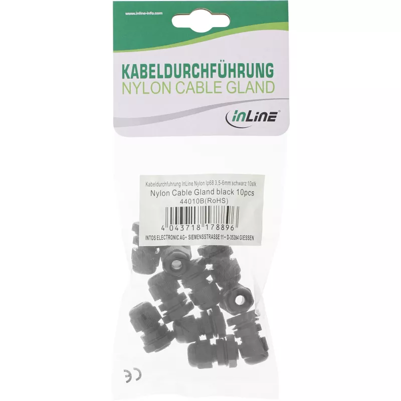 InLine 44010B pressacavo PG 7, IP68, 3,5-6 mm, nylon con guarnizione in neoprene, 10 pz., nero