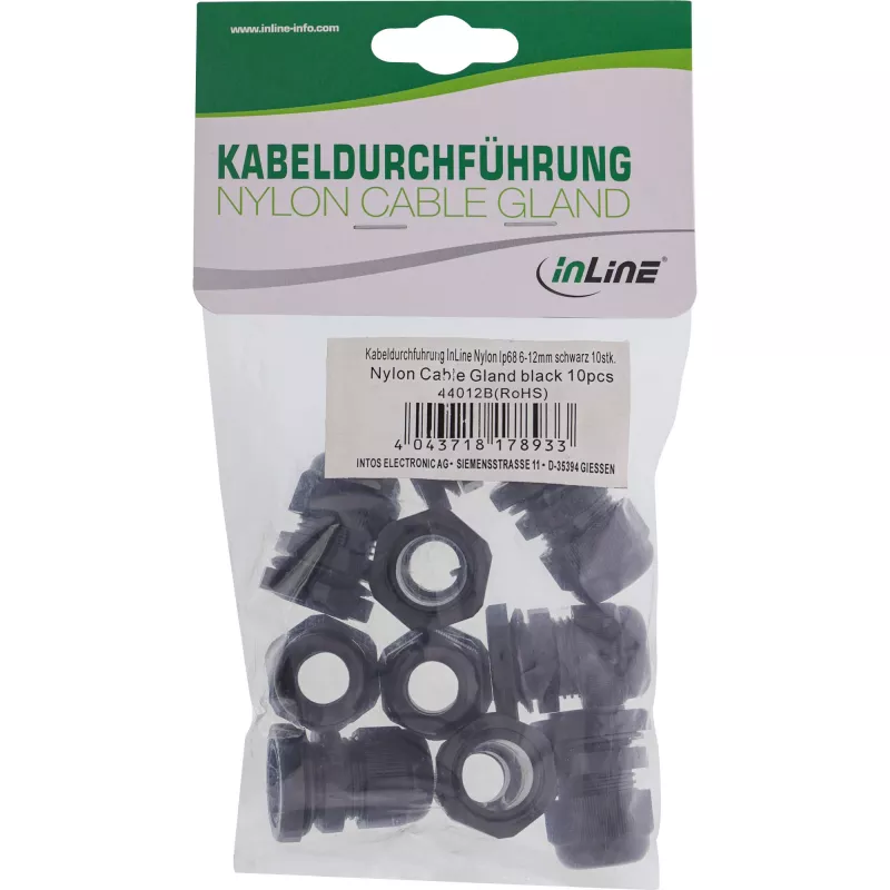 Pressacavo InLine 44012B nylon IP68 per cavi Ø6–12 mm, nero, confezione da 10