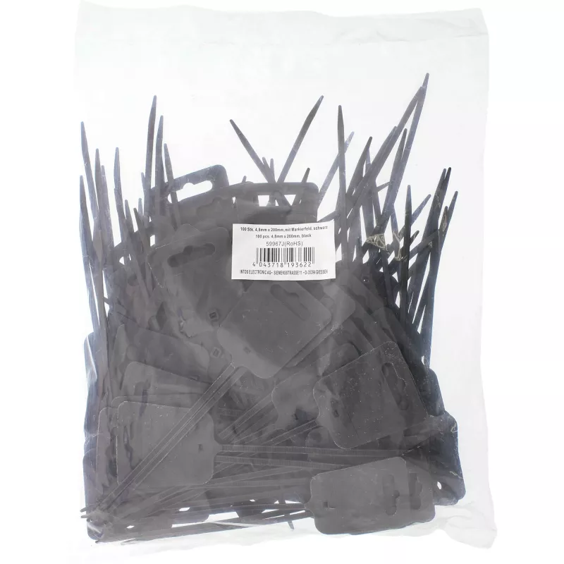 Fascette per marcatura cavi InLine 200 mm x 5 mm, nylon, Eurohole, nero, 100 pz.