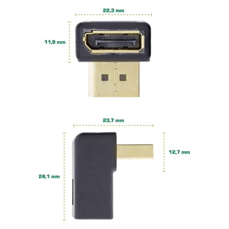 Adattatore DisplayPort InLine, connettore maschio / femmina DisplayPort angolato verso il basso