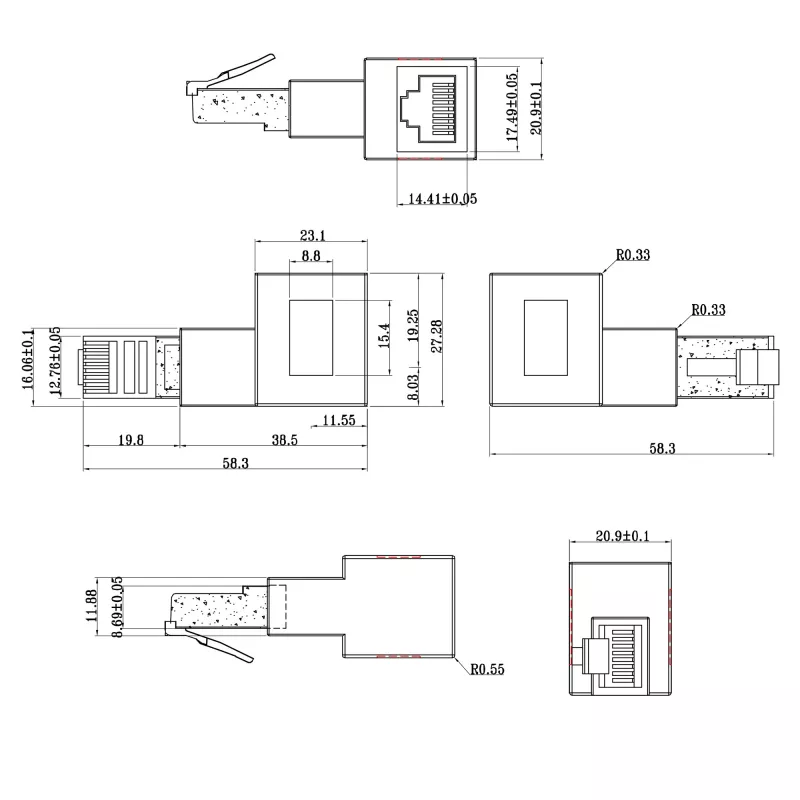 Adattatore per patch cable InLine Cat.6A, RJ45 maschio / femmina, angolato 90° verso destra