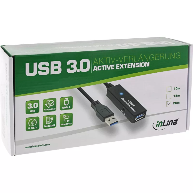 Cavo repeater attivo USB3.2 Gen.1 InLine Type-A maschio / femmina, nero, 20 m